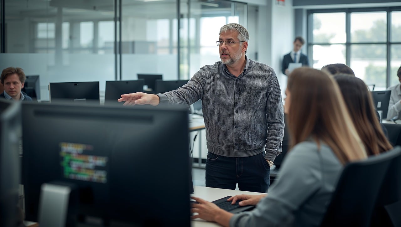 Dirigeant et salariés d'une PME réunis autour d'un ordinateur portable pendant une session de formation professionnelle